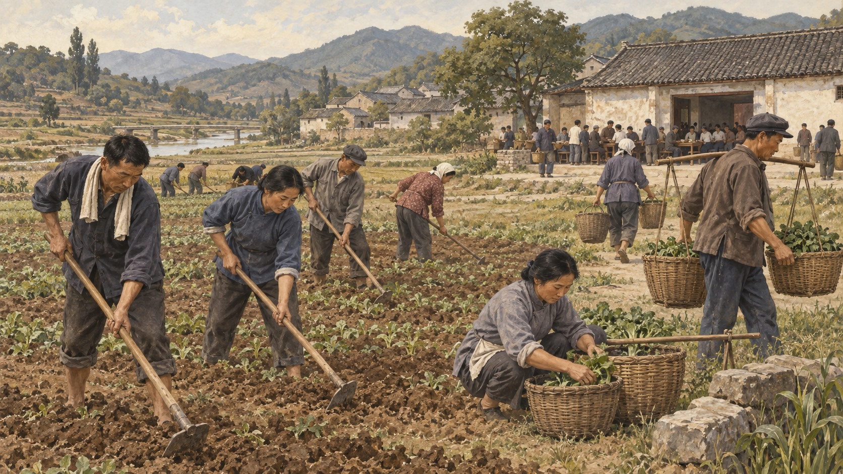 Ilustración de comunidades agrícolas organizadas en comunas populares durante el Gran Salto Adelante.