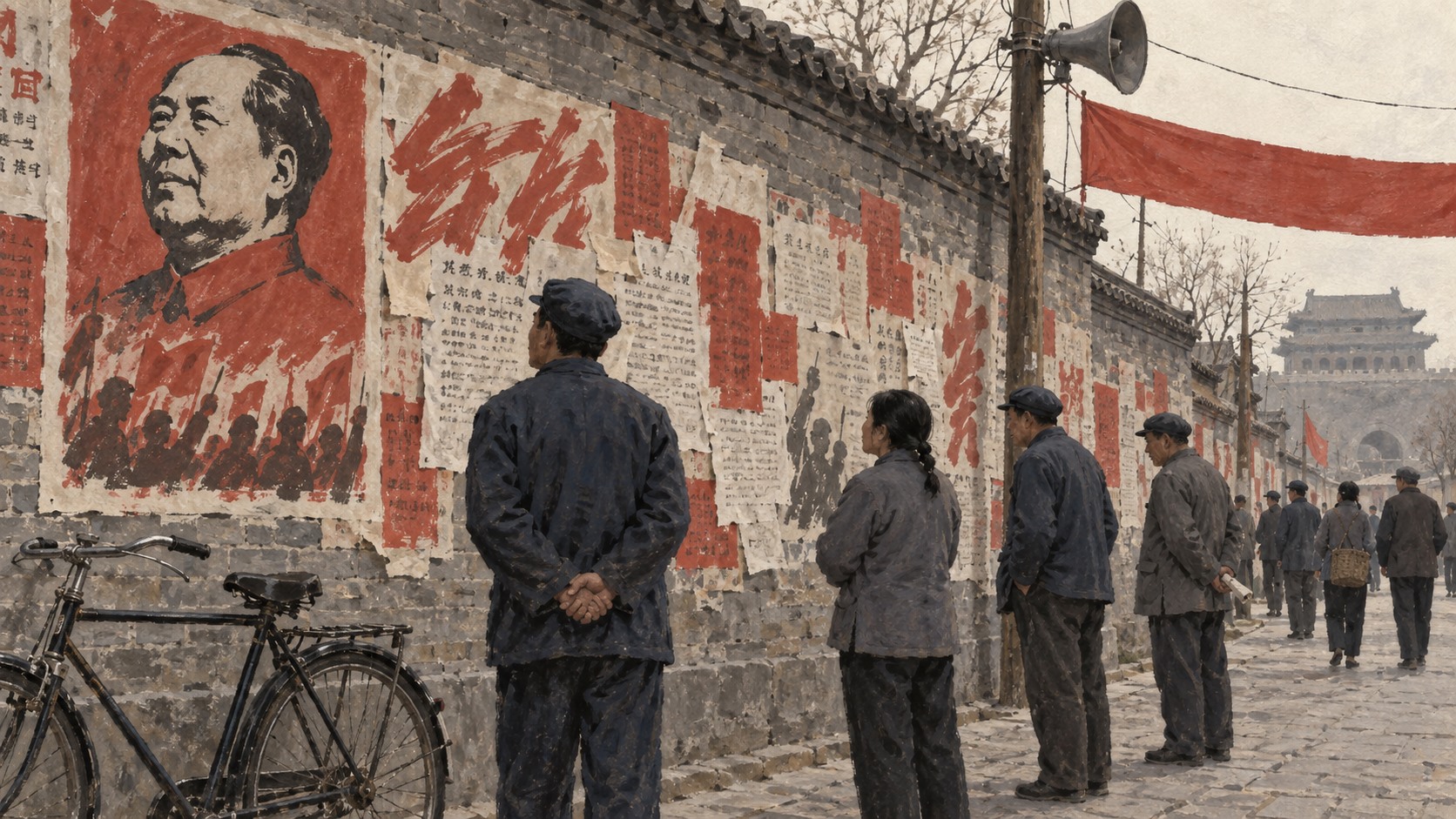 Ilustración de propaganda política callejera durante la Revolución Cultural en China.